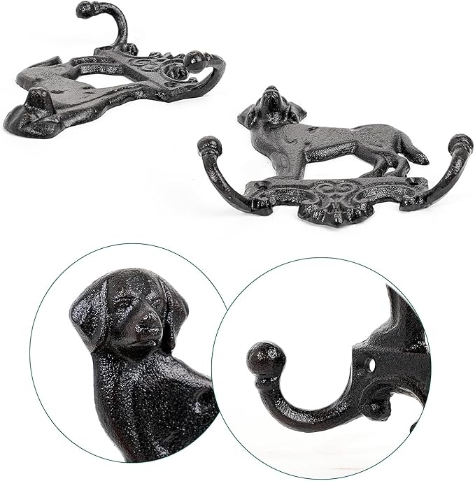 Sungmor Cast Iron Vintage Dog Wall Hooks, Decorative Wall Mounted Coat Hooks, Rustic Heavy Duty Double Hooks Cute Animal Key Hangers for Dog Leashes, Towels, Hats