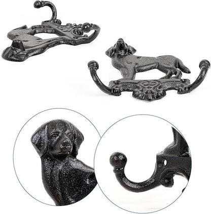 Sungmor Cast Iron Vintage Dog Wall Hooks, Decorative Wall Mounted Coat Hooks, Rustic Heavy Duty Double Hooks Cute Animal Key Hangers for Dog Leashes, Towels, Hats
