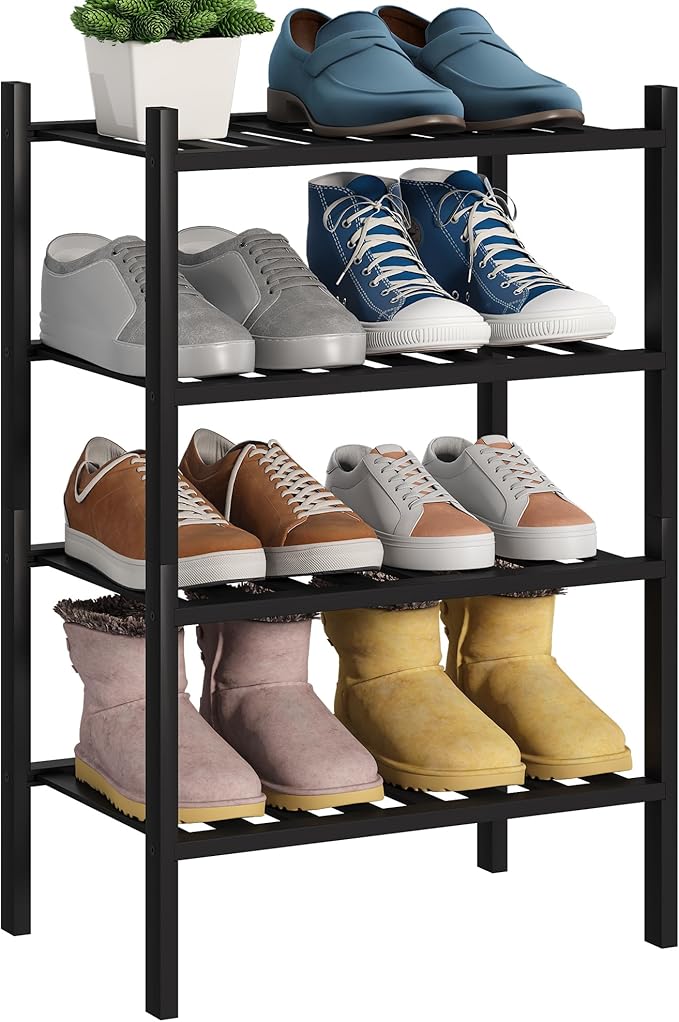 BMOSU 4-Tier Bamboo Small Shoe Rack Premium Stackable Shoe Shelf Storage Organizer for Hallway Closet Living Room Entryway Organizer (Black Bamboo)