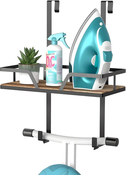 Over The Door & Wall Mount Ironing Board Hanger Wooden & Metal Laundry Room Organizer for Iron Steamer Pressing Accessories, Fits T-Leg Ironing Boards