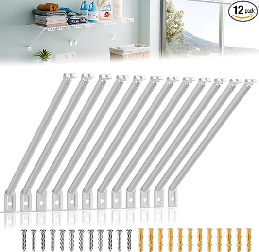 12 Pcs Support Brackets for Wire Shelving 12in Wire Shelf Support Bracket,Reinforced Anti-Sag Design with Anchors & Pins – Strong Shelf Brackets for Closet, Pantry & Storage (White)