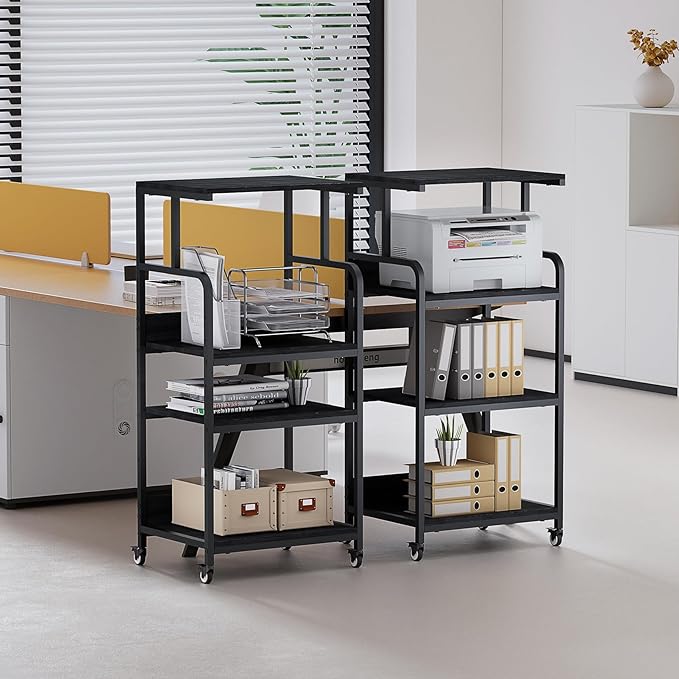 4 Tier Printer Stand with Wheels, Extra Large Tall Printer Table for Home Office, Printer and Shredder Stand with Storage Shelf (Black)