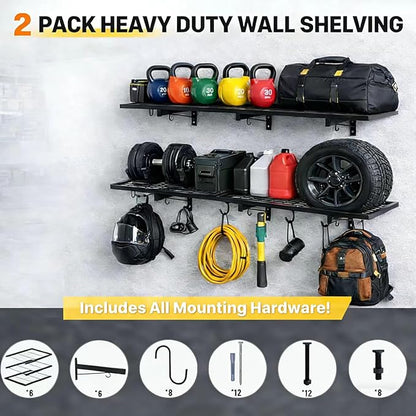2 Pack Garage Wall Shelves, Heavy Duty Wall Mounted Shelving, 46”x12.5” Floating Shelf, 8 Hooks–Industrial Storage System with Reinforced Steel Powder-Coated Finish, 380lbs Capacity for Shop, Basement