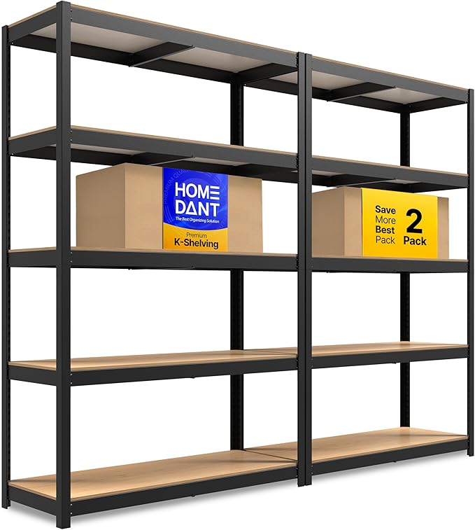 HOMEDANT House 5 Tier Heavy Duty Garage Shelving Adjustable Metal Rack Storage Shelves Standing Shelf Unit Organizers Pantry Closet Office (2, Black, 48.1" W x 16.5" D)