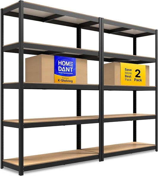 HOMEDANT House 5 Tier Heavy Duty Garage Shelving Adjustable Metal Rack Storage Shelves Standing Shelf Unit Organizers Pantry Closet Office (2, Black, 48.1" W x 16.5" D)