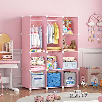VIPZONE Baby Dresser, Kids Closet Organizers, Portable Kids Wardrobe for Closet, Bedroom, Nursery, Cubby, Cabinet, Clothes, Dress, Baby Storage Shelf, Armoire Clothes Hanging (12 Cube, Pink)