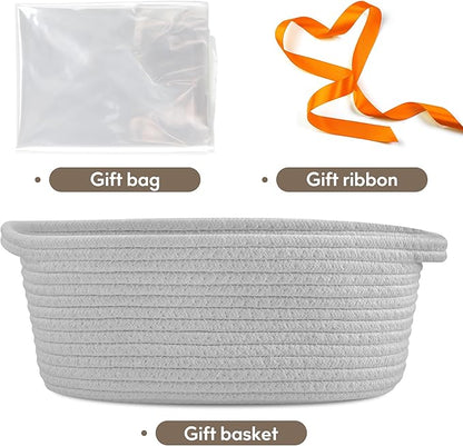 Pro Goleem Small Woven Basket with Gift Bags and Ribbons Durable Baskets for Gifts Empty Small Rope Basket for Storage 12"X 8" X 5" Baby Toy Basket with Handles, Gray