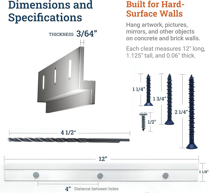 PHS Light French Cleat Hanger - 12 Inch Heavy Duty Picture Hangers - Supports 100 lbs - Heavy Mirror Hanging Kit with Screws and Anchors - Mirror Holders for Wall Mounting & Z Clips for Hanging