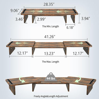 Dual Monitor Stand Riser with Storage, Adjustable Length & Angle Wooden Desk Shelf for 2 Monitors, Computer Stand for Home Office, PC, Laptop, Printer