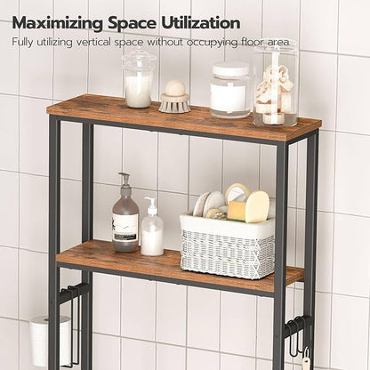 HOOBRO Over The Toilet Storage, 2-Tier Bathroom Organizer Over Toilet, Freestanding Bathroom Storage Shelves with Toilet Paper Holder and Hooks, Space Saver for Room, Rustic Brown and Black BF49TS01