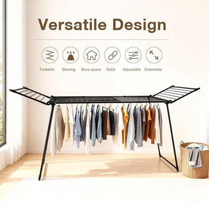 Expandable Clothes Drying Rack, Gullwing Laundry Drying Rack, Space-Saving, Towels, Linens, Indoor, Outdoor Black
