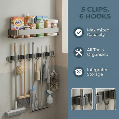 Wall Mount Organizer with Heavy-Duty Hooks and Sturdy Shelf - Holds Brooms, Mops, Vacuums & Cleaning Supplies. Perfect for Laundry Room Organization, Garage Storage, and Closet Shelving（24 inches）