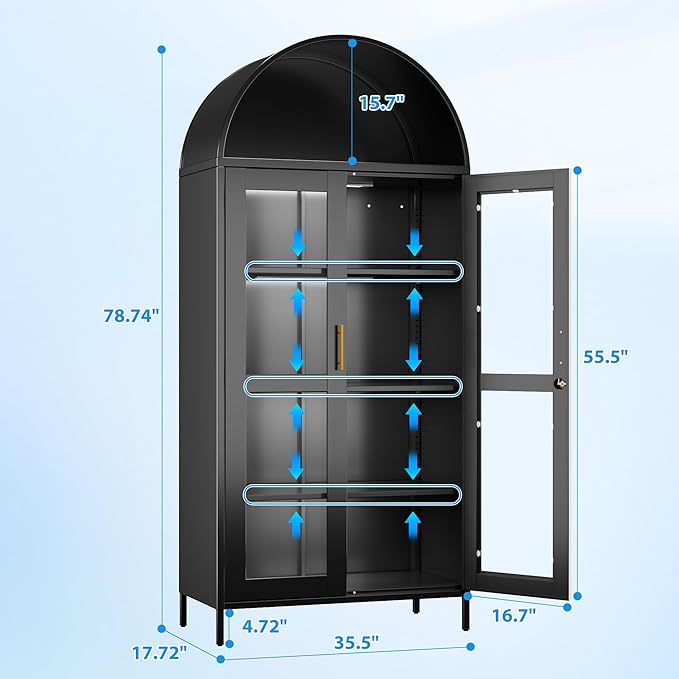 78.74" H Metal Arched Cabinet with Lock and LED Light Strip, Metal Display Cabinet with Glass Doors and Adjustable Shelves,Suitable for Dining Room, Home, Assembly Required,Black