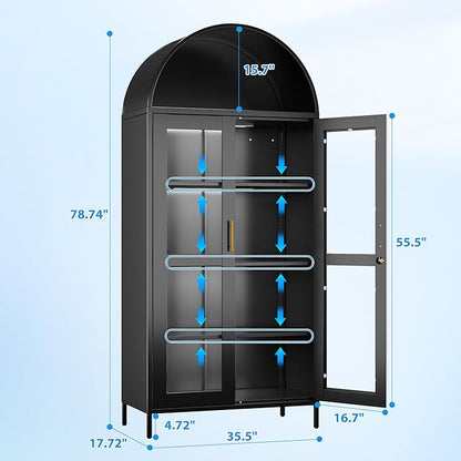 78.74" H Metal Arched Cabinet with Lock and LED Light Strip, Metal Display Cabinet with Glass Doors and Adjustable Shelves,Suitable for Dining Room, Home, Assembly Required,Black