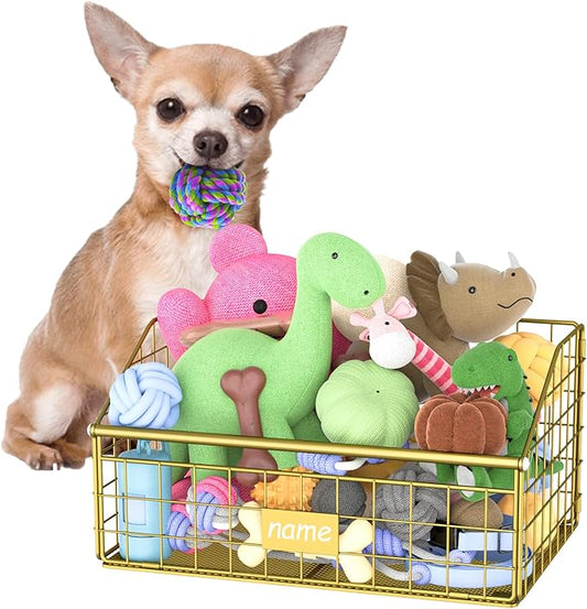Indestructible Dog Toy basket, Small Toy Box for Dogs, Pet Toy Bin Dog Metal Basket for Toys, Toy Storage Organizer, Cat Toy Box for Living Room Area(Gold)