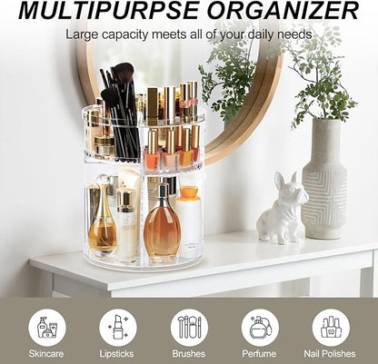 Rotating Makeup Organizer, 360 Spinning Skincare Organizers, 8 Adjustable Layer Cosmetic Storage Case with Brush Holder Perfume Tray for Vanity Bathroom Countertop - Large