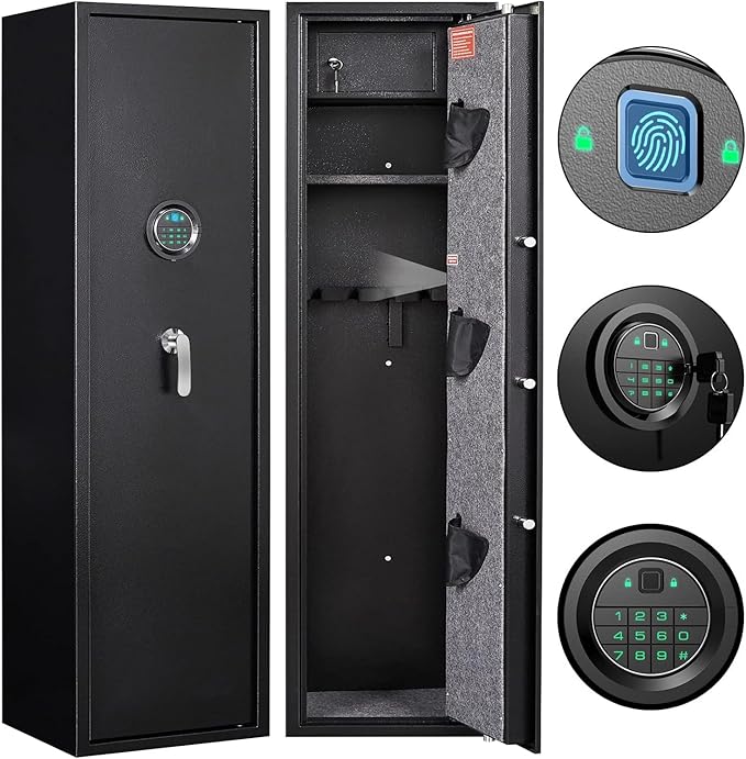 Marcree Biometric Rifle Gun Safe, Quick Access 5-Gun Cabinet with Lock Box, Fingerprint Long Gun Safe for Home Office, Gun Safes for Rifles and Shotguns, Large Shotgun Safes with 3 Pistol Bags