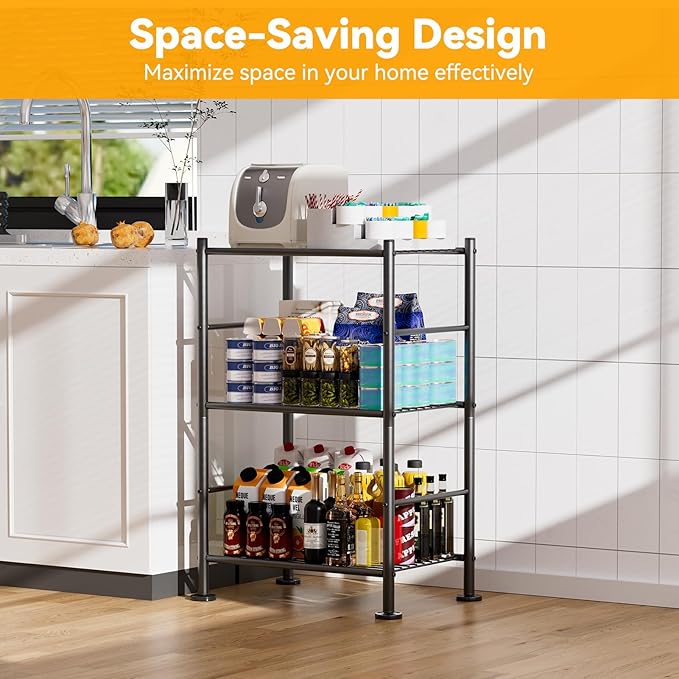 3 Tier Shelf Organizer Rack, Metal Shelving Unit with Adjustable Leveling Feet, Space-Saving Storage Shelves for Closet Laundry Bathroom Kitchen Pantry, 18.11" Wx12.6 Dx29.53 H, Black