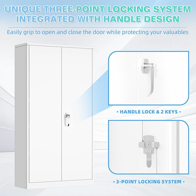 Bonusall Metal Garage Cabinets with 2 Door and 4 Shelves, Locking Cabinet with for Storage，Tall Garage Storage Cabinets for Home Office, Warehouse，School(White)