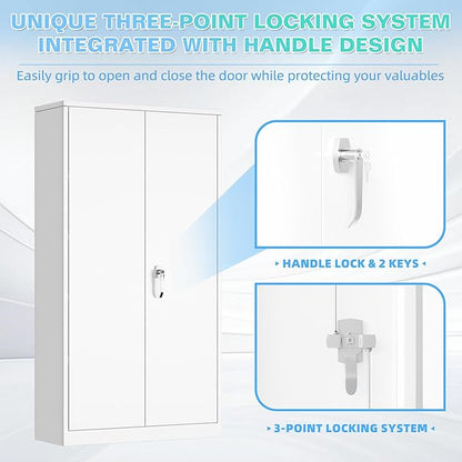 Bonusall Metal Garage Cabinets with 2 Door and 4 Shelves, Locking Cabinet with for Storage，Tall Garage Storage Cabinets for Home Office, Warehouse，School(White)