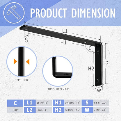 CLT Black Shelf Bracket, 6” X 4” Quarter Inch (1/4") Thick- Max Load: 330 lb Rustic Industrial Modern Farmhouse Heavy Duty Cold Rolled Steel Bracket for Table Bench, Space Saving DIY, Pack of 4