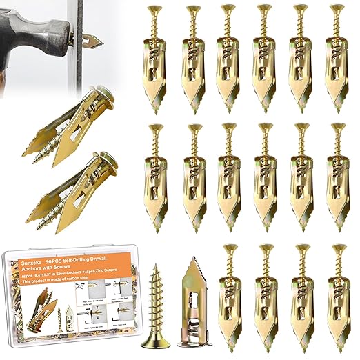 90 Pcs Self Drilling Drywall Anchors with Screws,45 Sheetrock Anchors (0.47x1.57 inch) & 45 Zinc Expansion Screws,2025 Upgraded Zinc Plated Steel,No Drill Needed,Perfect for Wall Hanging