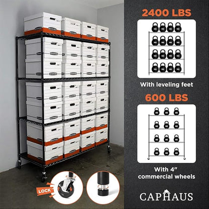 CAPHAUS 4-Tier Commercial Grade Heavy Duty Adjustable Height Wire Shelving w/Wheels & Leveling Feet, Storage Metal Steel Shelf, Garage Shelving Storage, Utility Wire Rack Storage Shelving Unit, 48”W