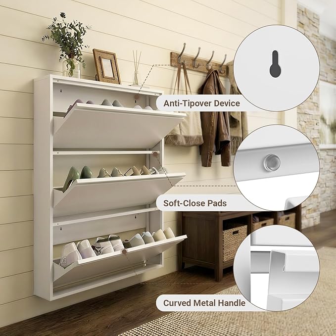 Shoe Cabinet with 3 Flip Drawers, Slim Metal Wall-Mounted Shoe Storage Organizer for Entryway, Hallway, Mudroom, Hidden Narrow Rack, White