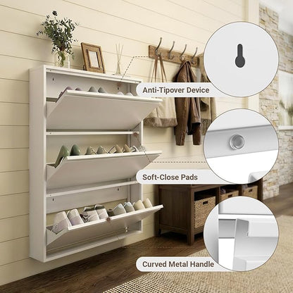 Shoe Cabinet with 3 Flip Drawers, Slim Metal Wall-Mounted Shoe Storage Organizer for Entryway, Hallway, Mudroom, Hidden Narrow Rack, White
