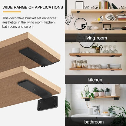 HITOMEN Heavy Duty Floating Shelf Brackets, 5-Inch (1/5'' Thick) Hidden Shelves Hardware, Iron L Brackets, Rustic Industrial Black Metal Wall Shelving Supports, 6 Pack