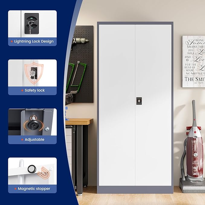 Yizosh Metal Garage Storage Cabinet with Lock, 72" Locking Tool Cabinet with 2 Doors and 4 Shelves for Garage,Office,School (Gray White)