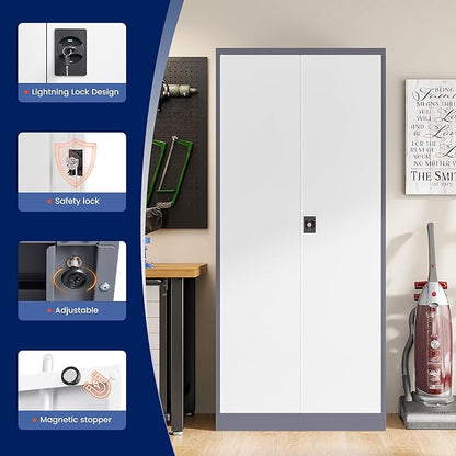 Yizosh Metal Garage Storage Cabinet with Lock, 72" Locking Tool Cabinet with 2 Doors and 4 Shelves for Garage,Office,School (Gray White)
