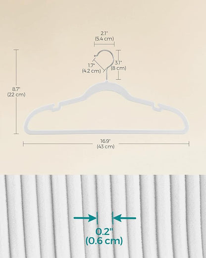 SONGMICS Velvet Hangers 60 Pack, Non-Slip Clothes Hangers with Shoulder Notches, Pants Bar, 360° Swivel Hook, Space-Saving, for Closet, Cloud White UCRF030W01