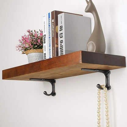 Shelf Brackets with Hooks 6 Inch, Heavy Duty Floating Shelf Bracket, Cast Iron Shelving Brackets for DIY Wall Shelves, Rustic Shelf Brackets, 2 Pack