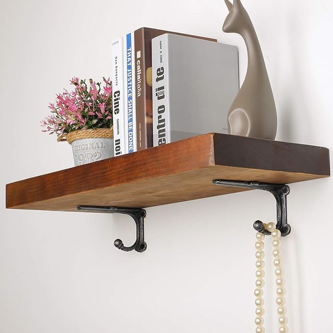6 Inch Decorative Shelf Brackets-Heavy Duty Wall Brackets with Hooks Shelve Brackets Metal for Open Shelves Vintage Shelf Supports Farmhouse-4 Pack