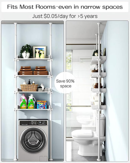 ALLZONE 4 Tier Over The Toilet Storage, Adjustable Wood Over Toilet Bathroom Organizer, Freestanding Shelves, Fit Most Showers Over The Toilet Shelf, 92 to 116 Inch Tall, White