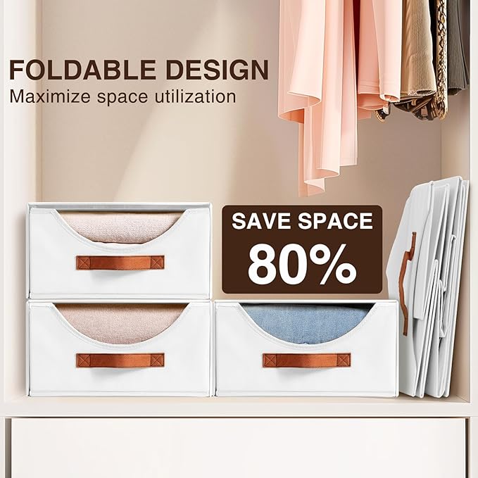 Stackable Storage Drawers - Large Collapsible Storage Bins with Drawers, 6 Pack Closet Shelf Organizer Basket, Fabric Pull Out Organizer for Bedroom, Living Room, Dorm, White
