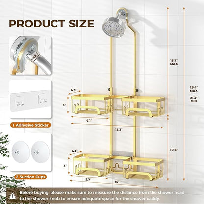REINHARDT Shower Caddy Hanging for Handheld Showerheads Adjustable Split Shower Caddy, Rustproof Shower Organizer with Hooks for Razors Over the Head Caddy with Soap Holder Bathroom Accessories, Gold