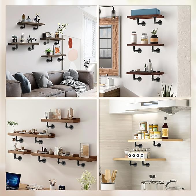 Storystore Industrial Pipe Shelf Brackets, 6 Pack Iron L-Shaped Shelving Brackets for 7-14 inches Board, Heavy Duty Metal Shelving Bracket - Black DIY Pipe Shelves (6.5 x 3.5 Inch)
