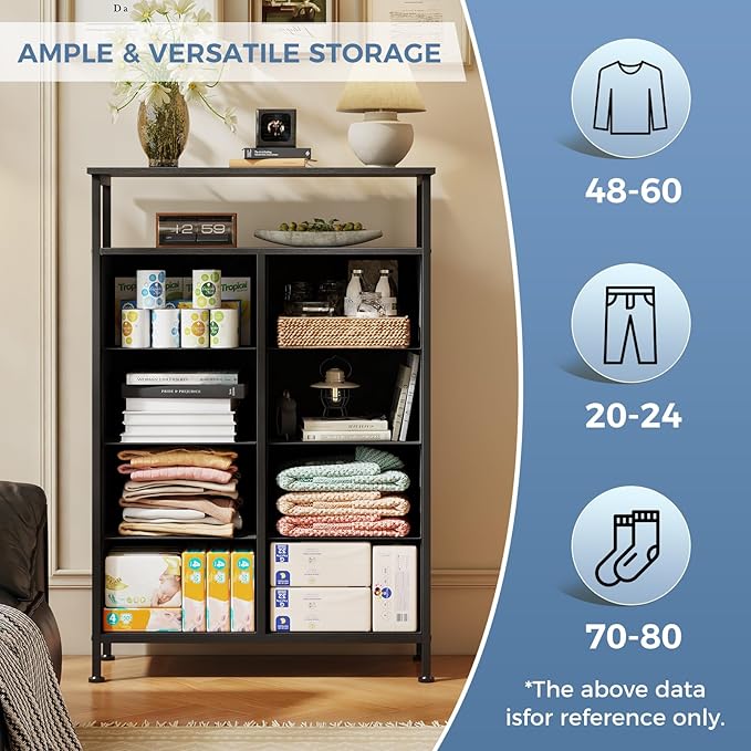 DUMOS TV Stands for Living Room with 8 Drawers, Tall 8-Drawer Chest of Drawers with Raised Shelf, Storage Tower with Fabric Bins for Organization, Hallway Storage, Wood Black
