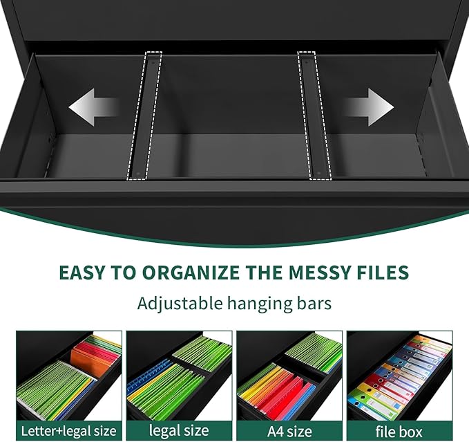 4 Drawer Lateral File Cabinet, Metal File Cabinets for Home Office with Lock, Large Filing Storage Cabinet Printer Stand, Steel Wide File Cabinet for Legal/A4/F4/Letter,Require Assembly, Black