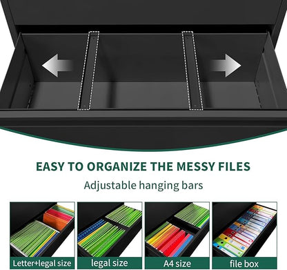 4 Drawer Lateral File Cabinet, Metal File Cabinets for Home Office with Lock, Large Filing Storage Cabinet Printer Stand, Steel Wide File Cabinet for Legal/A4/F4/Letter,Require Assembly, Black