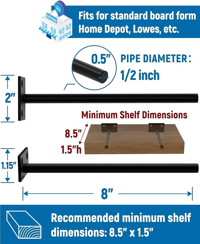 LEOPO Black 4-Pack 8 inch Floating Shelf Brackets, Hidden Shelf Bracket for Wood, Concealed Blind Shelving Support,Invisible Coated Brackets for DIY Decorative,Fit for Kitchen, Bathroom,Study Room