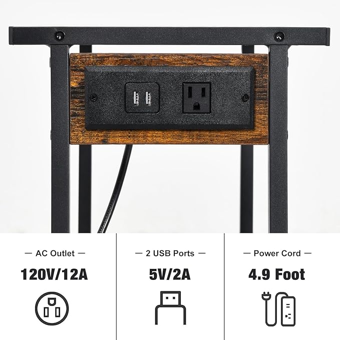 2-Tier Printer Table with Charging Station for Home Office Organization - Small Stand with Wheels for Scanner, Under or Beside Desk Storage Cart - Rustic Brown