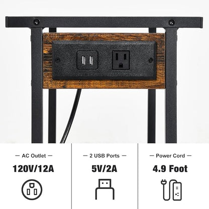 2-Tier Printer Table with Charging Station for Home Office Organization - Small Stand with Wheels for Scanner, Under or Beside Desk Storage Cart - Rustic Brown