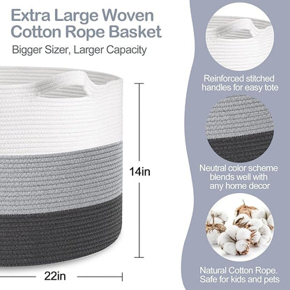 Extra Large Cotton Rope Basket, 22” X 22” X 14” Blanket Storage for Living Room, Soft Kids Dog Toy Bin Box, Woven Round Baskets for Organizing, Big XXL Blanket Pillow Holder Organizer