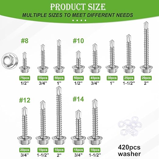 mxuteuk 840PCS #8#10#12#14 Self Tapping Screws for Metal,410 Stainless Steel Self Drilling Screws,Hex Head 1/2" to 1-1/2'' Self Tapping Screw for Plastic(420pcs Silver Screw+420pcs Washer)