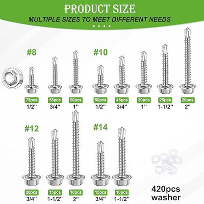 mxuteuk 840PCS #8#10#12#14 Self Tapping Screws for Metal,410 Stainless Steel Self Drilling Screws,Hex Head 1/2" to 1-1/2'' Self Tapping Screw for Plastic(420pcs Silver Screw+420pcs Washer)