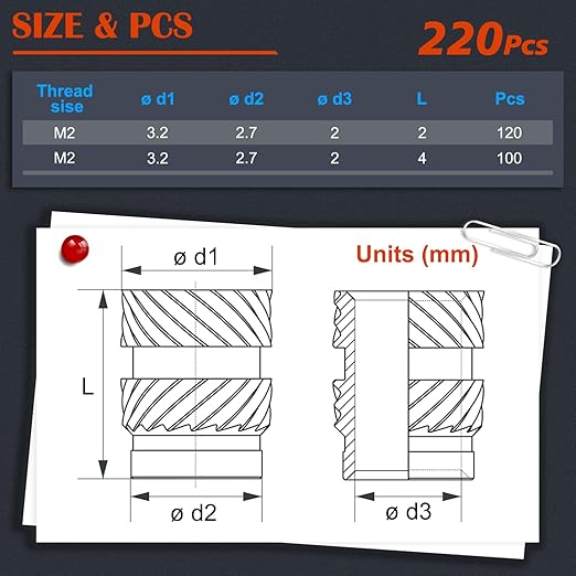220Pcs M2 Threaded Inserts, M2 Female Thread Metric Knurled Nuts Assortment Kit, Brass Heat Set Insert for Plastic and 3D Printing Components (M2x2x3.2, M2x4x3.2