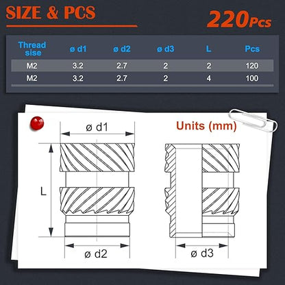 220Pcs M2 Threaded Inserts, M2 Female Thread Metric Knurled Nuts Assortment Kit, Brass Heat Set Insert for Plastic and 3D Printing Components (M2x2x3.2, M2x4x3.2